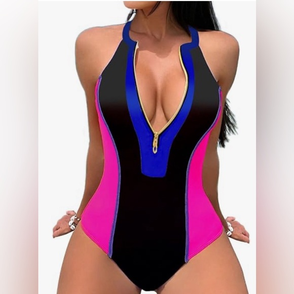 Cute One Piece Swimsuit for Women Long Sleeve Zipper Cut Out Colorblock - Picture 1 of 3